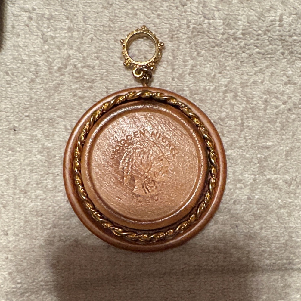 Vintage wooden nickel Pendant with Gold Accents